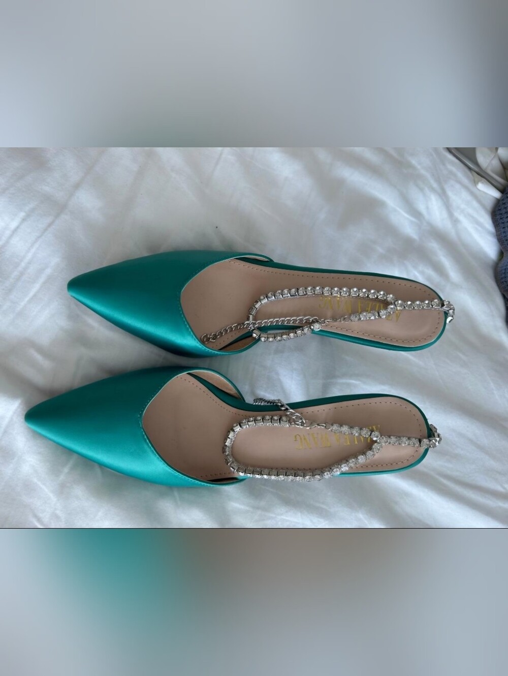 Teal Satin Pointed Slingback Heels with Crystal Strap